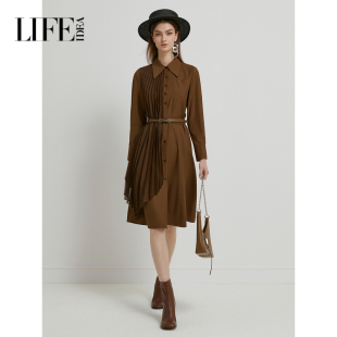 莱芙艾迪儿长袖 裙3V1L94300 气质连衣裙不对称网纱拼接衬衫