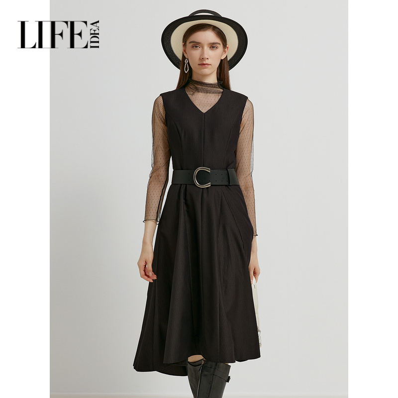 莱芙艾迪儿品牌女装秋季V领高级感收腰显瘦背心连衣裙1D3L92197