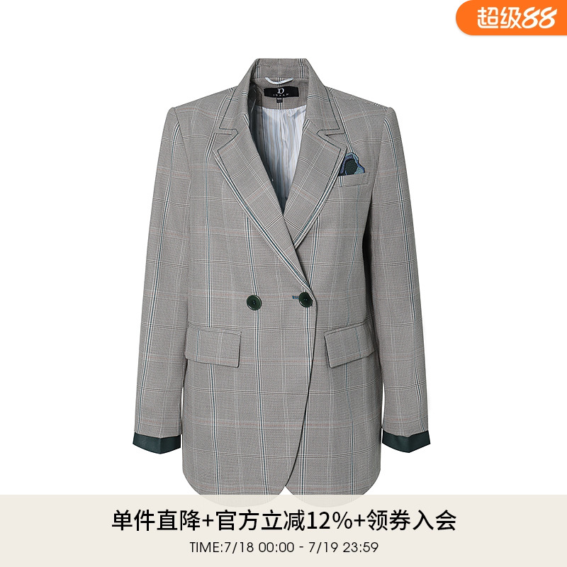 职场通勤双排扣西装外套女秋季格纹休闲西服正装2D3W51229