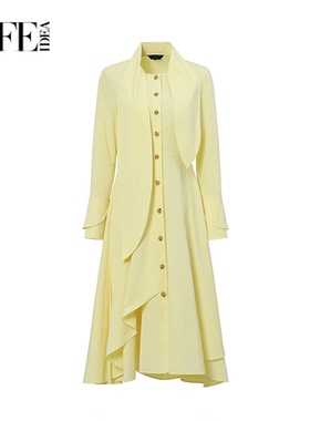 莱芙艾迪儿女装荷叶边丝巾领衬衫裙秋季精致都市鹅黄色连衣裙