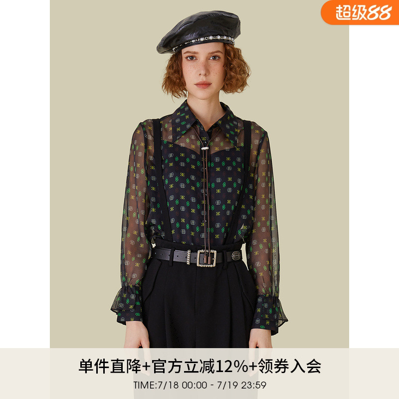 朦胧微透印花衬衫秋季设计感通勤长袖上衣衬衣5E3C34064