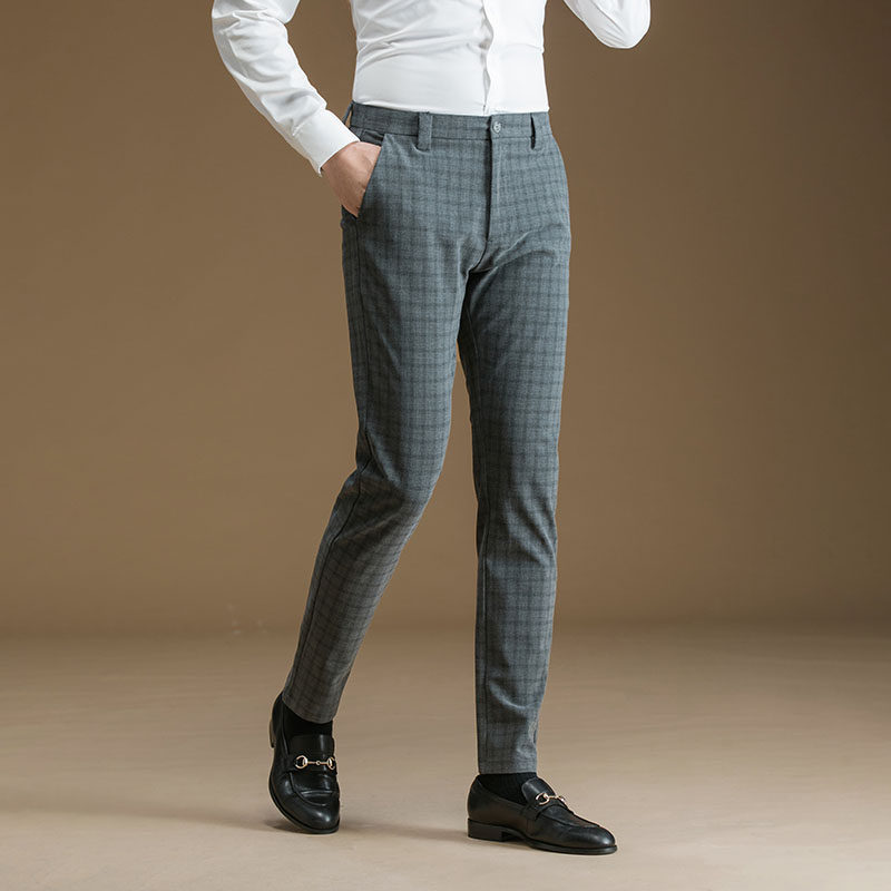 西裤男修身灰色格子商务正装西服长裤免烫小脚休闲秋季男士西装裤