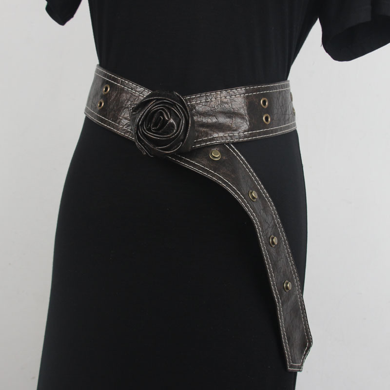 美式复古腰带女朋克废土风配裙子棕色做旧玫瑰花皮带腰链y2k腰封