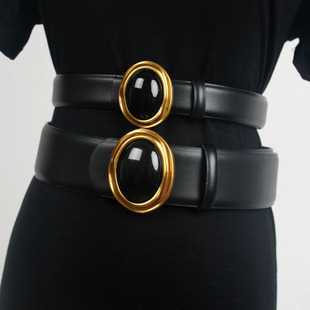 装 复古牛皮宽腰带显瘦百搭金色平滑扣腰封配西装 饰连衣裙 新款 女式