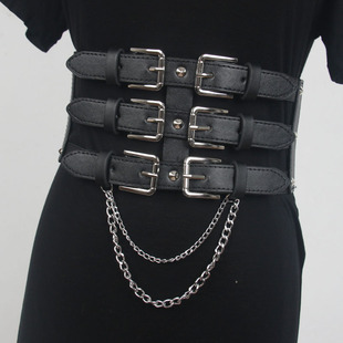 复古潮三排针扣PU皮腰封女装饰衬衫连衣裙摁扣百搭弹力松紧宽腰带