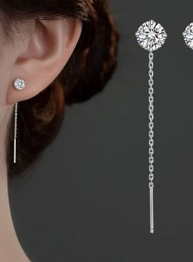 S925银耳线莫桑石女2023年新款潮高级感长款流苏耳链耳环耳饰