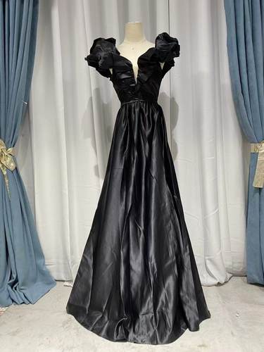 黑色缎面一字肩主持人宴会美声艺考独唱演出服高中生毕业典礼服