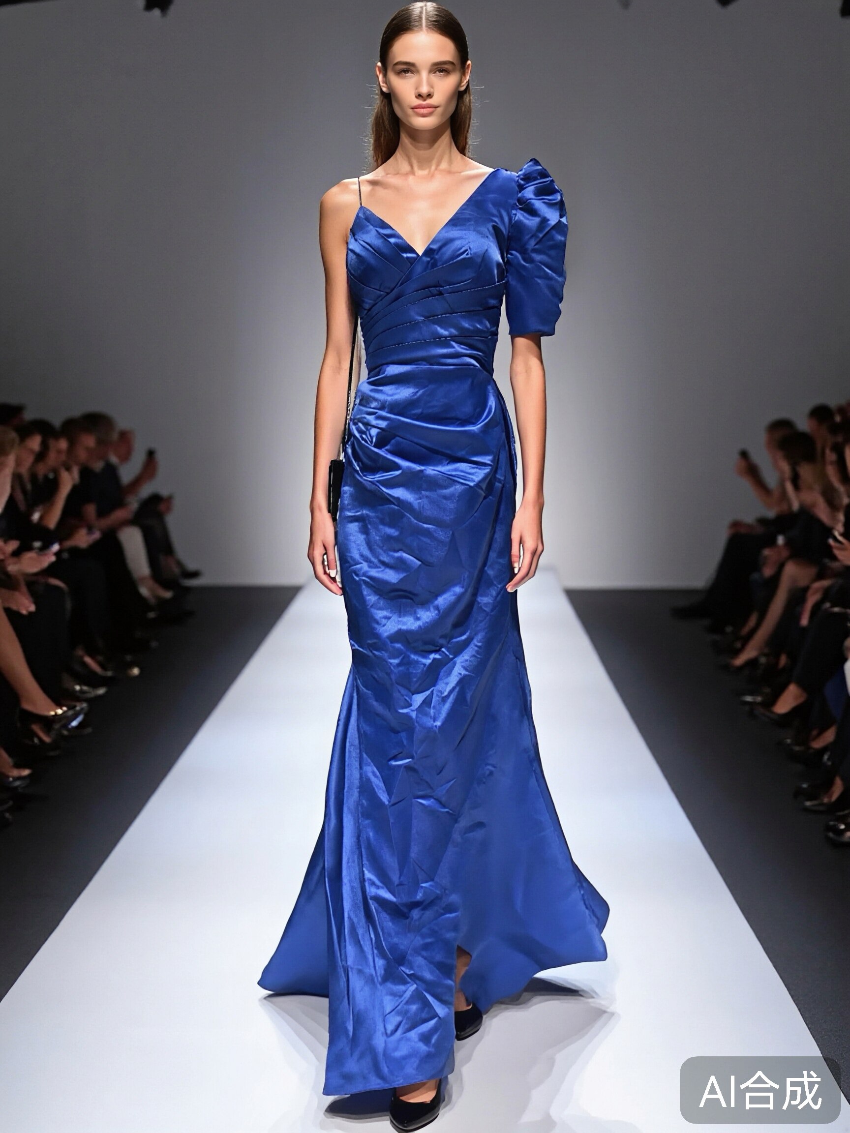 05蓝色一字肩缎面新娘晚礼服2025气质简约舞台表演答谢回门主持