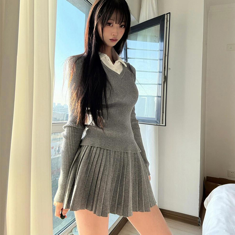 学院风毛衣套装裙女高级感小个子针织上衣百褶短裙韩系搭配一整套