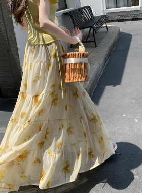 专柜法式度假风黄色碎花半身长裙女夏2026新款氛围感大摆裙垂感蛋