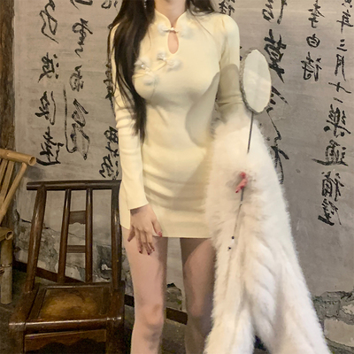 2025秋冬新款小个子改良旗袍连衣裙女修身显瘦长袖针织包臀短裙子
