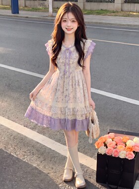 专柜女童甜美风紫色碎花连衣裙夏季儿童小飞袖娃娃裙中长裙2026新