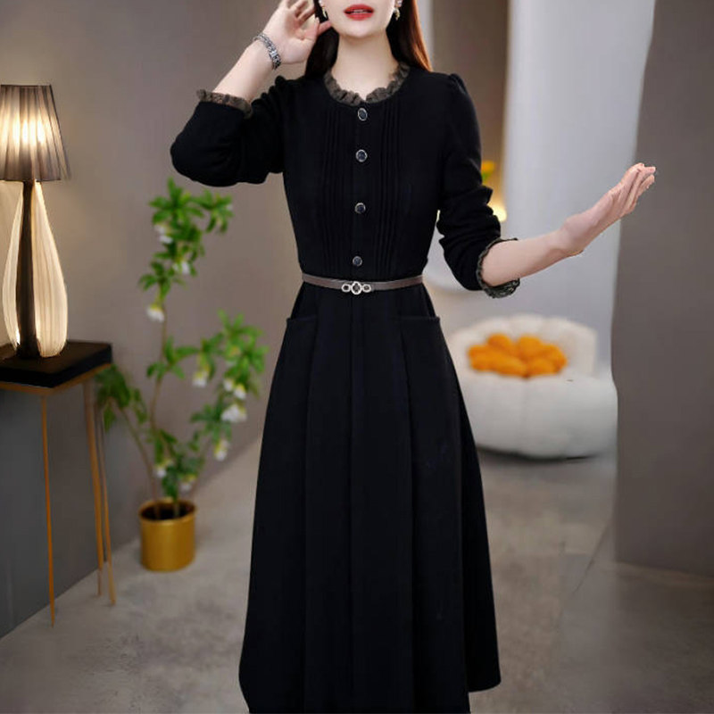黑色长袖连衣裙女士2025新款秋冬季妈妈高端大气上档次中长款裙子