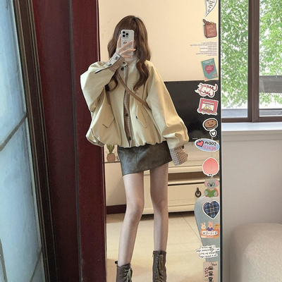 复古风短款小个子风衣外套女宽松设计感格子拼接休闲气质上衣冬季
