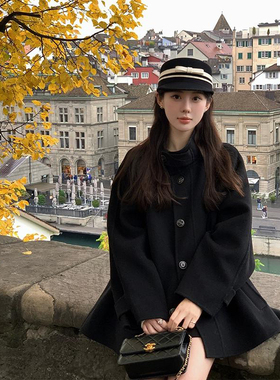 赫本风复古黑色双面羊毛大衣女宽松小个子毛呢羊绒斗篷外套秋冬季