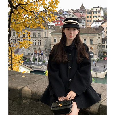 赫本风复古黑色双面羊毛大衣女宽松小个子毛呢羊绒斗篷外套秋冬季