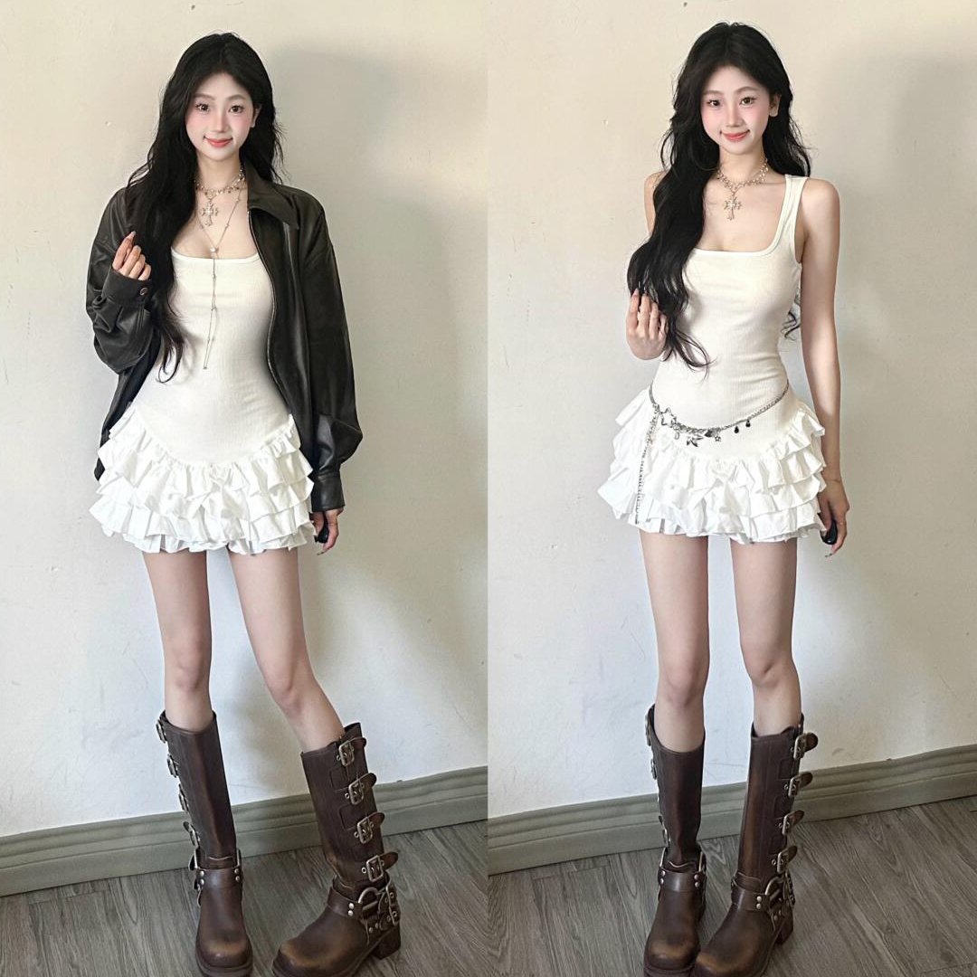 小个子白色针织无袖吊带连衣裙子女收腰2025开春绝美内搭花苞短裙