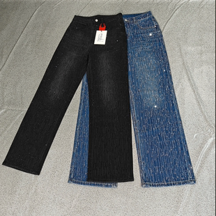 显瘦百搭高腰直筒长裤 重工烫钻欧货牛仔裤 爆闪裤