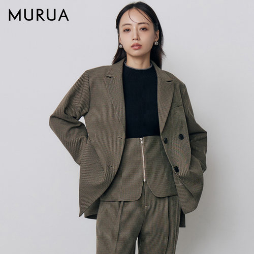MURUA26早秋格纹外套女可拆卸垫肩双排扣开叉宽松廓形西装