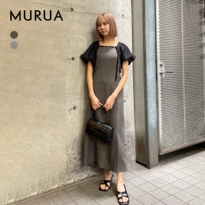 MURUA夏季日系修身连衣裙女装薄纱罩衫露腰背心两件套0124303003