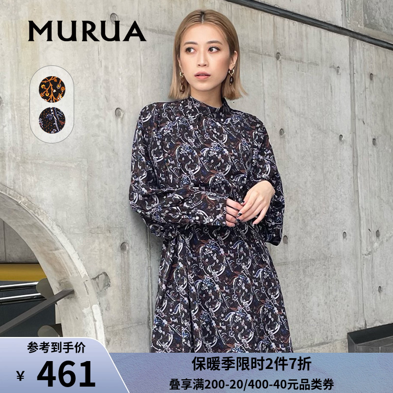 MURUA日系连衣裙2023秋季新款民族复古风立领满印花短连衣裙