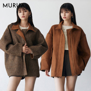 MURUA25秋季 日系毛呢仿麂皮两面穿翻领大衣外套女0125500051 新品