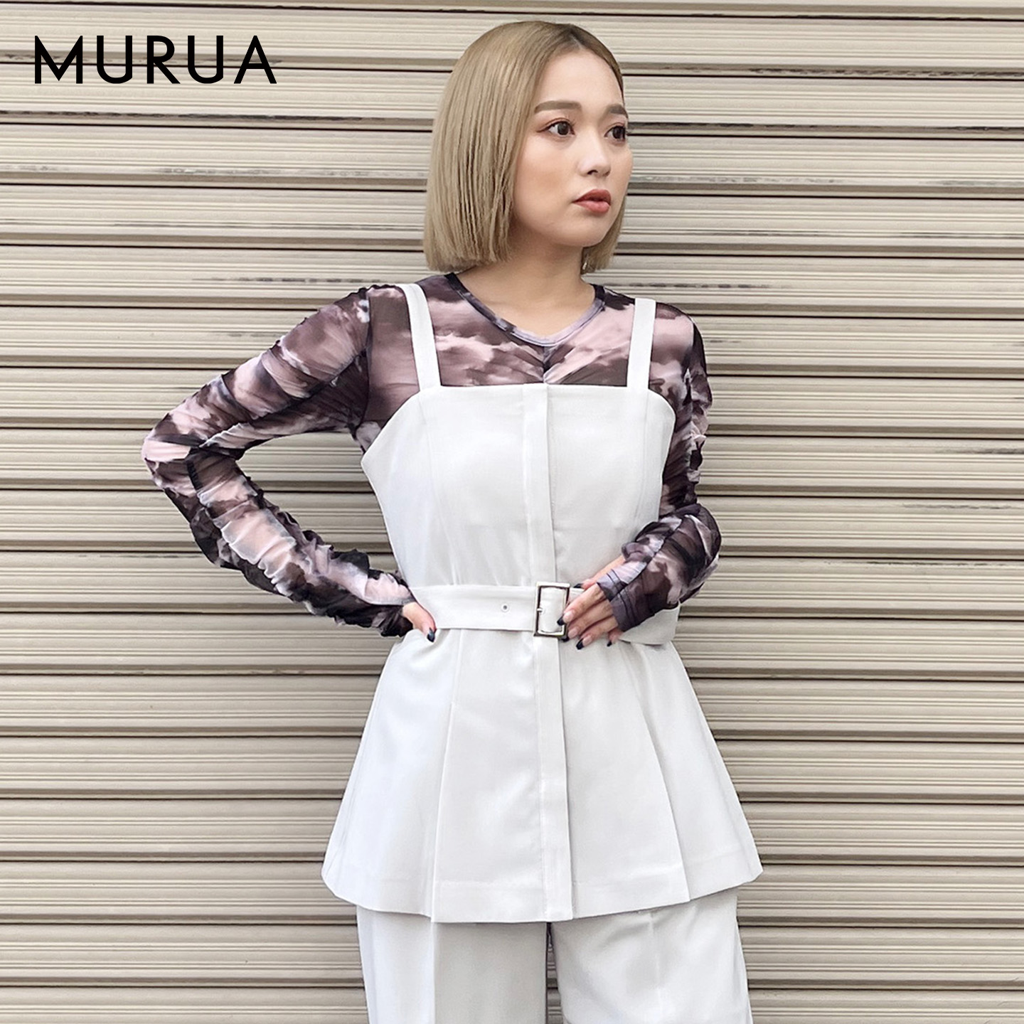 MURUA2025春季新品甜酷独立设计打底衫抽褶薄纱上衣女0125127001