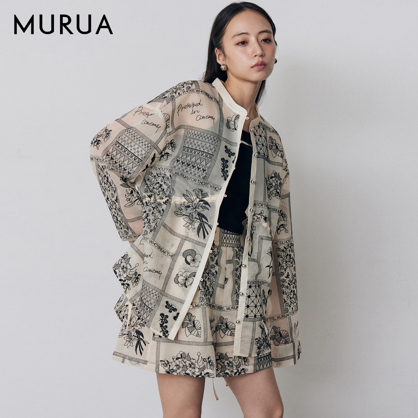 MURUA26春季复古外套女薄款抽绳热带刺绣蕾丝半透衬衫0126204003
