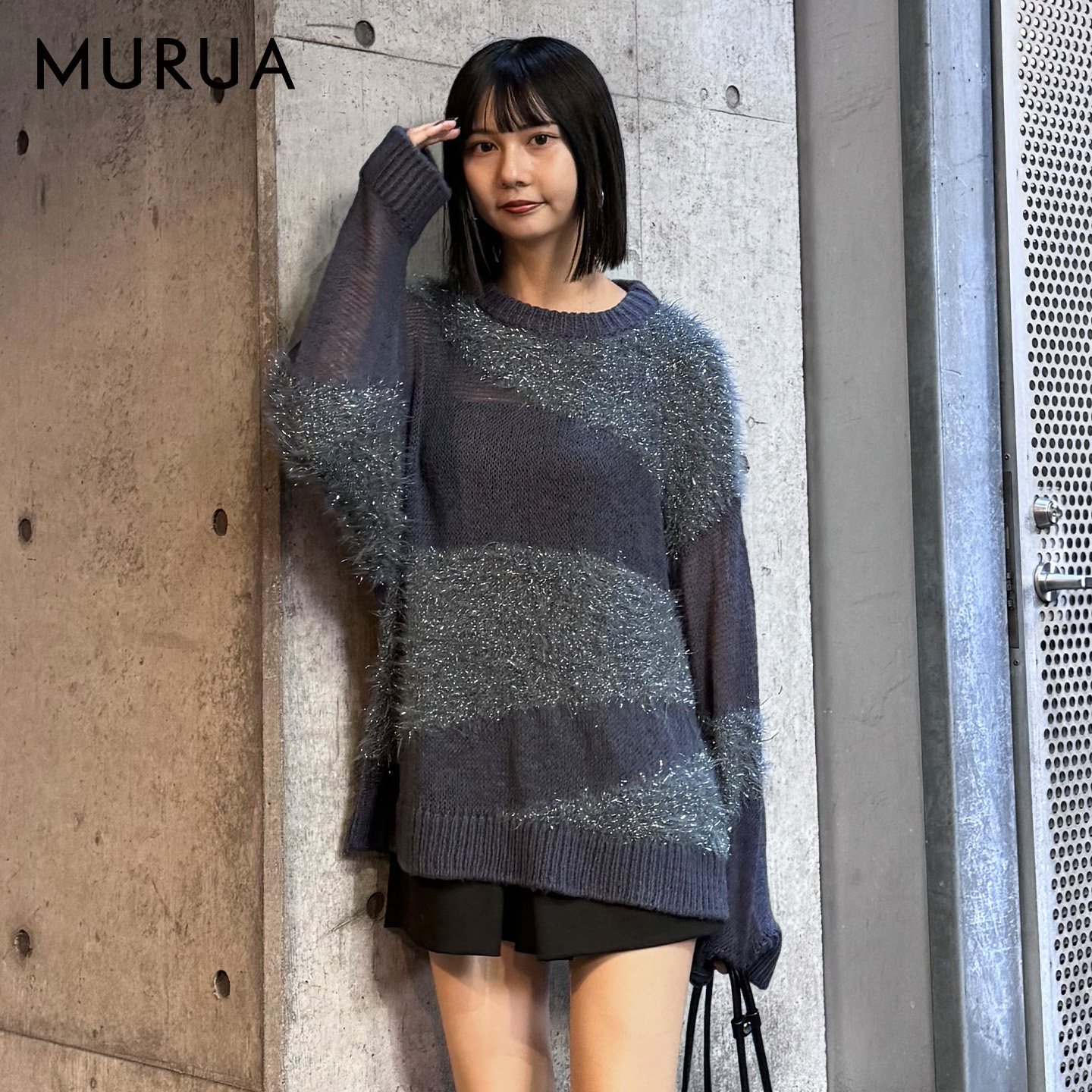 MURUA2024冬季新品宽松休闲元气长毛拼接套头针织衫女0124626002