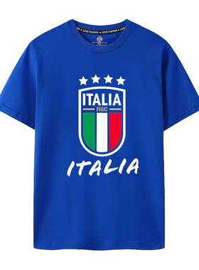2024欧洲杯短袖T恤意大利国家队蓝色球迷纪念上衣ITALIA足球纯棉