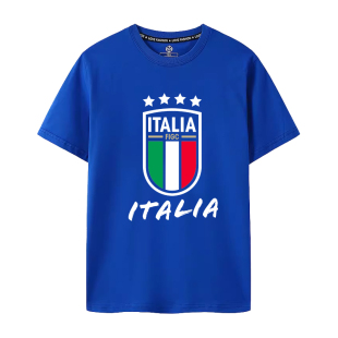 2024欧洲杯短袖T恤意大利国家队蓝色球迷纪念上衣ITALIA足球纯棉
