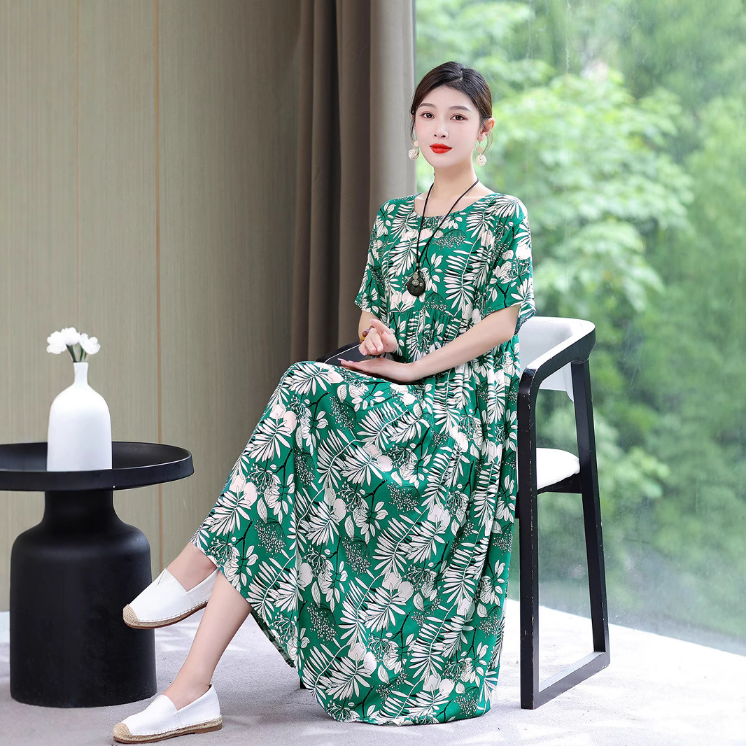 高品质2025新款碎花棉绸连衣裙女夏气质妈妈遮肚子大码连衣裙长