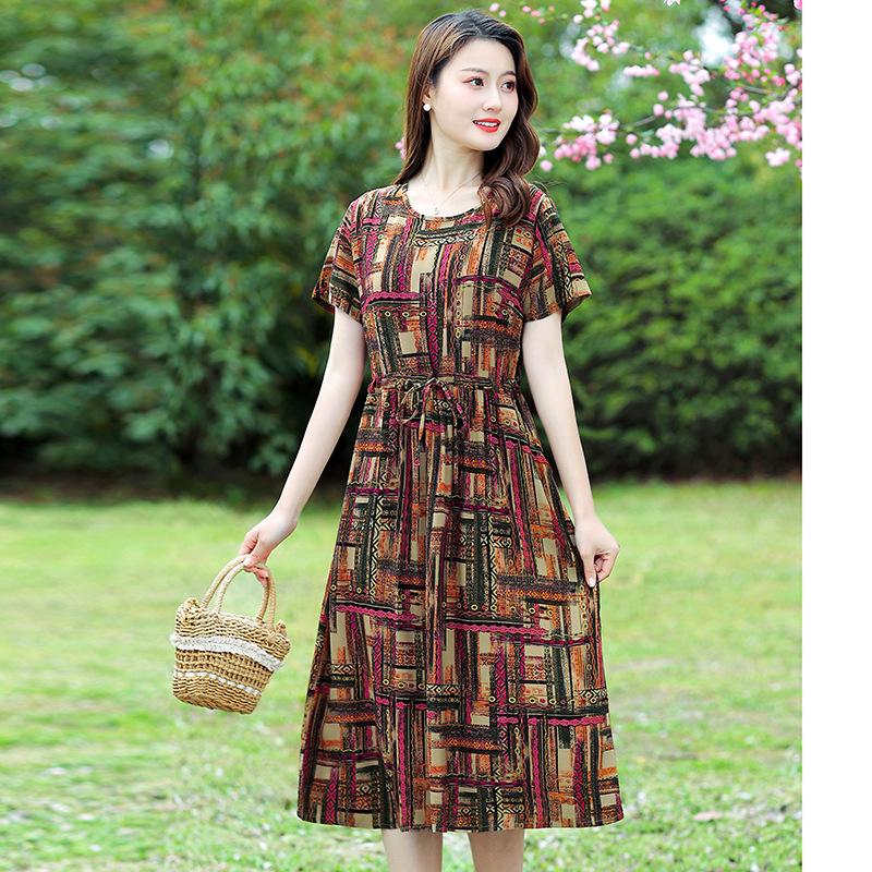 高品质2025夏季妈妈装棉绸薄款短袖连衣裙中老年女士休闲过膝