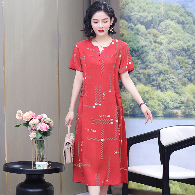 高品质新款洋气中老年棉绸连衣裙女夏季时尚宽松妈妈装休闲短袖