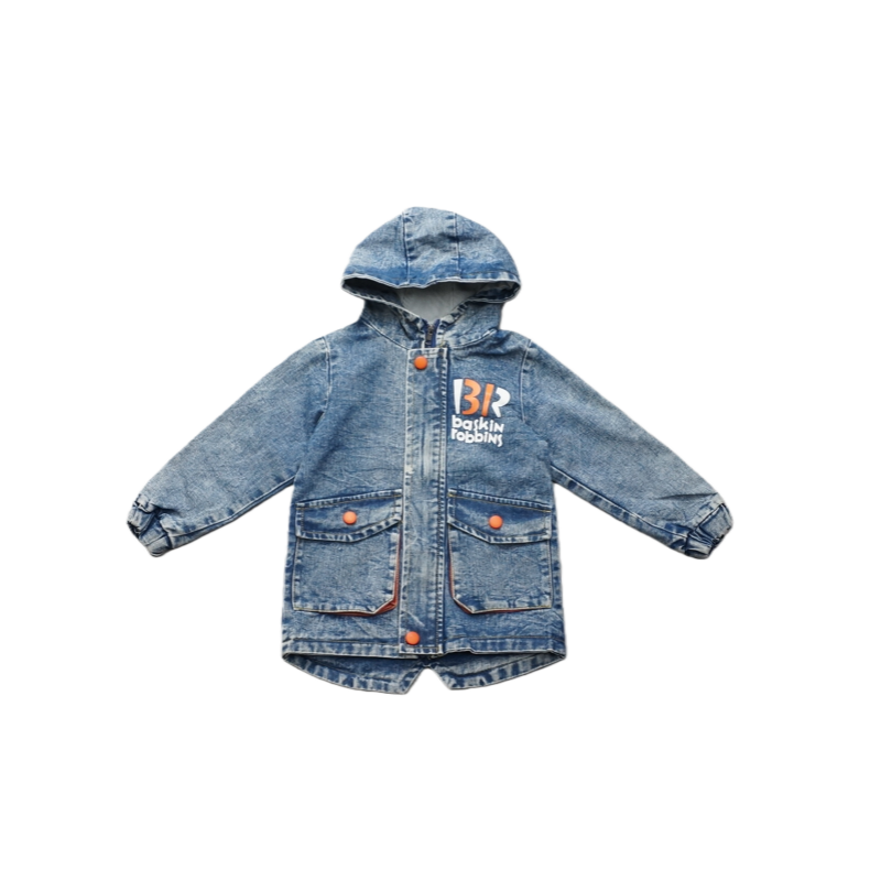 男女同款宽松连帽牛仔外套儿童复古街头风中长款中大童水洗外套