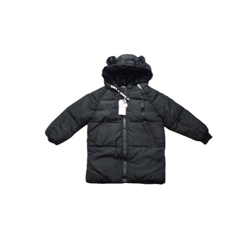 外贸原单童装黑色连帽中长款棉服