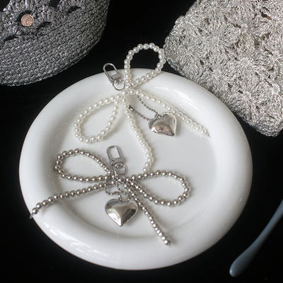 银色蝴蝶结挂件仿珍珠包包挂饰