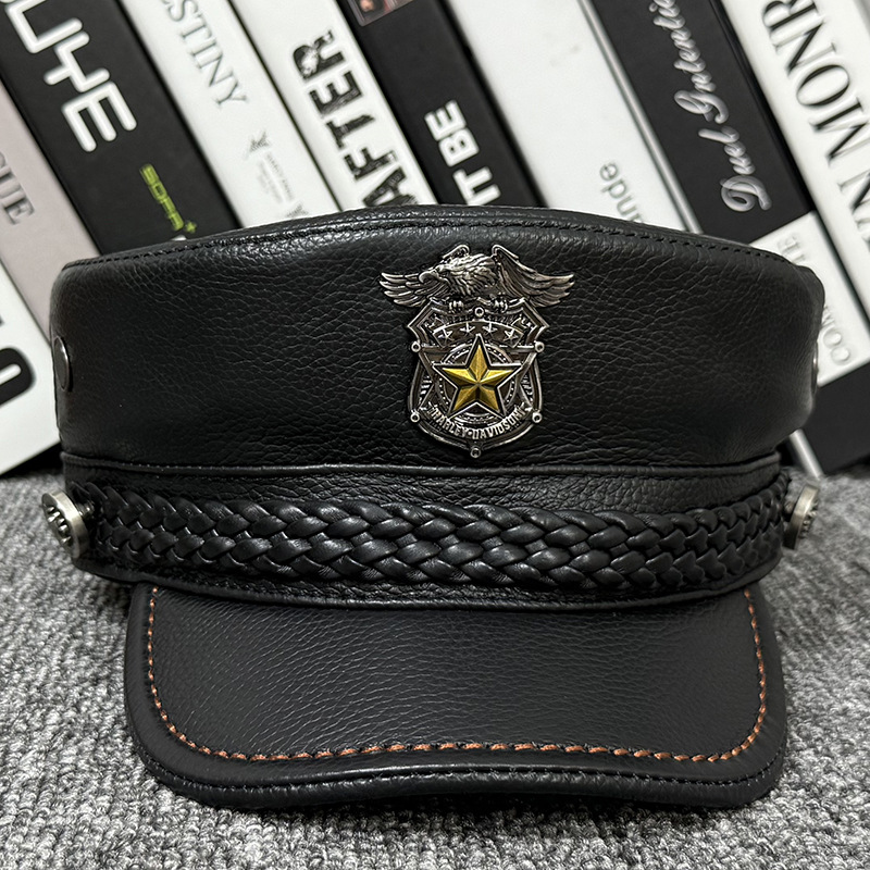 韩版时尚哈雷机车帽真皮潮流出街帽子船长水手头层牛皮秋冬海