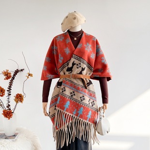 定制logo雪花小鹿仿羊绒披肩女圣诞节保暖双面加厚披风斗篷冬季