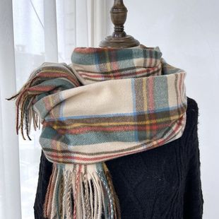 定制logo韩版格子围巾女冬季2025新款仿羊绒流苏披肩复古围脖