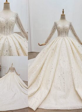 2020新款宫廷抖音网红包肩长袖大拖尾公主奢华新娘婚纱礼服99555