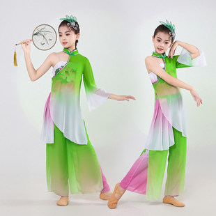 扇子舞表演服 秧歌演出服装 新款 儿童女荷花古典舞飘逸纱衣舞蹈服装