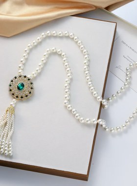 新中式国风旗袍流苏珍珠串珠项链百搭长款毛衣链女高级感衣服配饰