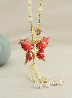 新中式国风宋锦蝴蝶流苏项链女串珠珍珠长款毛衣链旗袍配饰简约潮