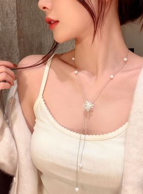 甜美烟花流苏长款珍珠串珠项链女时尚优雅毛衣链高级感简约配饰