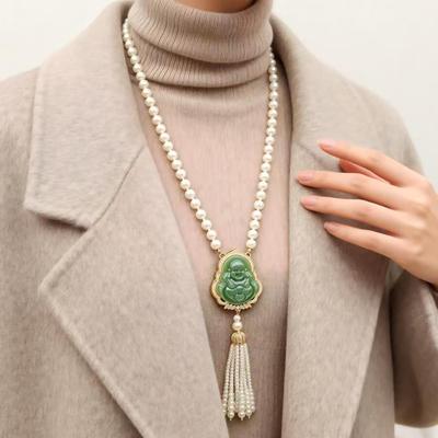 祖母绿高端佛祖项链仿玉髓长款新中式国风秋冬毛衣链时尚串珠配饰