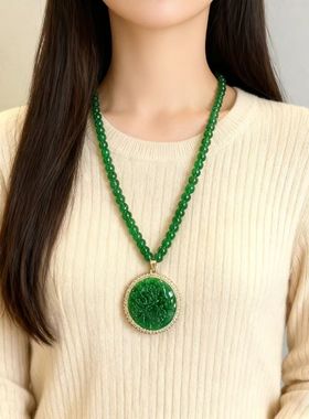 祖母绿串珠项链佛像龙牌吊坠女长款复古简约百搭毛衣链配饰挂件潮