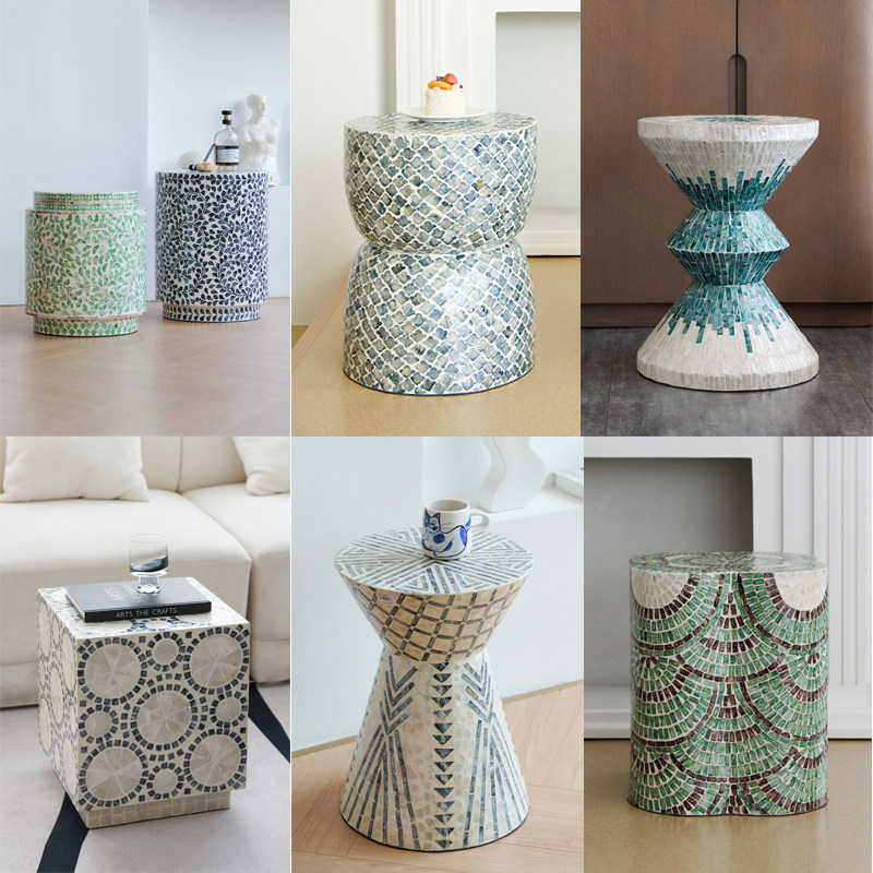 进口手工镶嵌天然贝壳蓝色方形小茶几沙发边几床头柜桌子角几凳子,家居饰品,装饰摆件,淘宝优惠券,粉丝福利购,淘宝优惠卷