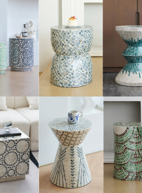 进口贝壳蓝色方形小茶几角几凳子