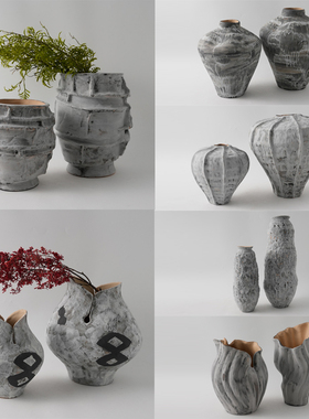 新中式手绘灰白陶瓷艺术花瓶摆件